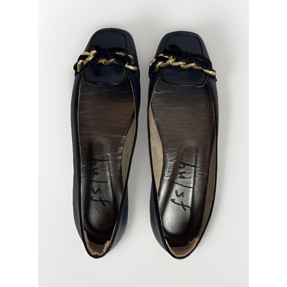 French Sole Gleam Navy Blue Nappa Leather Square Toe Chain Bow Women's Size 5M - Picture 4 of 10
